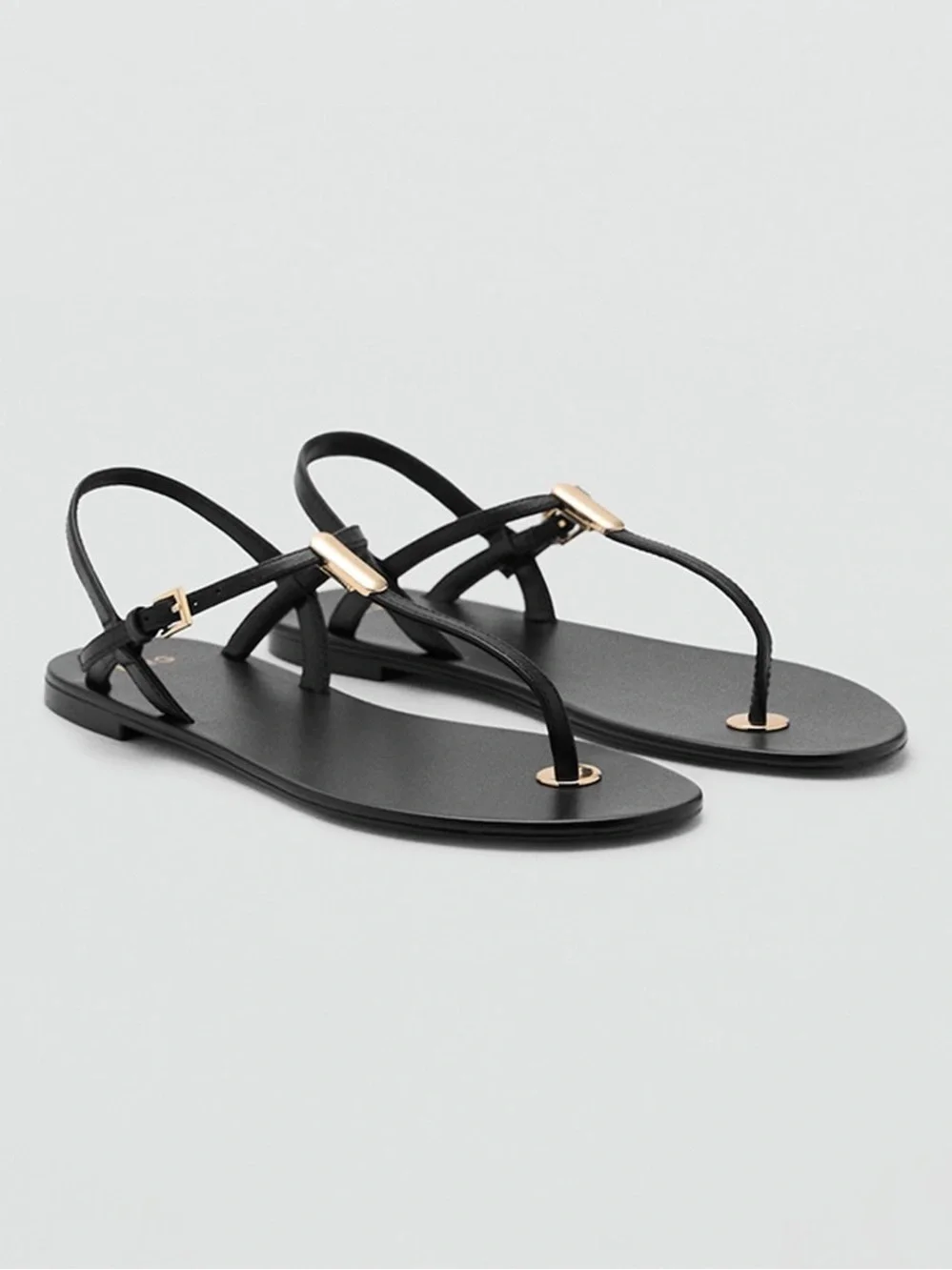 NIB! MNG Noma Black Strappy Leather Gold Accent Sandals Size 7.5